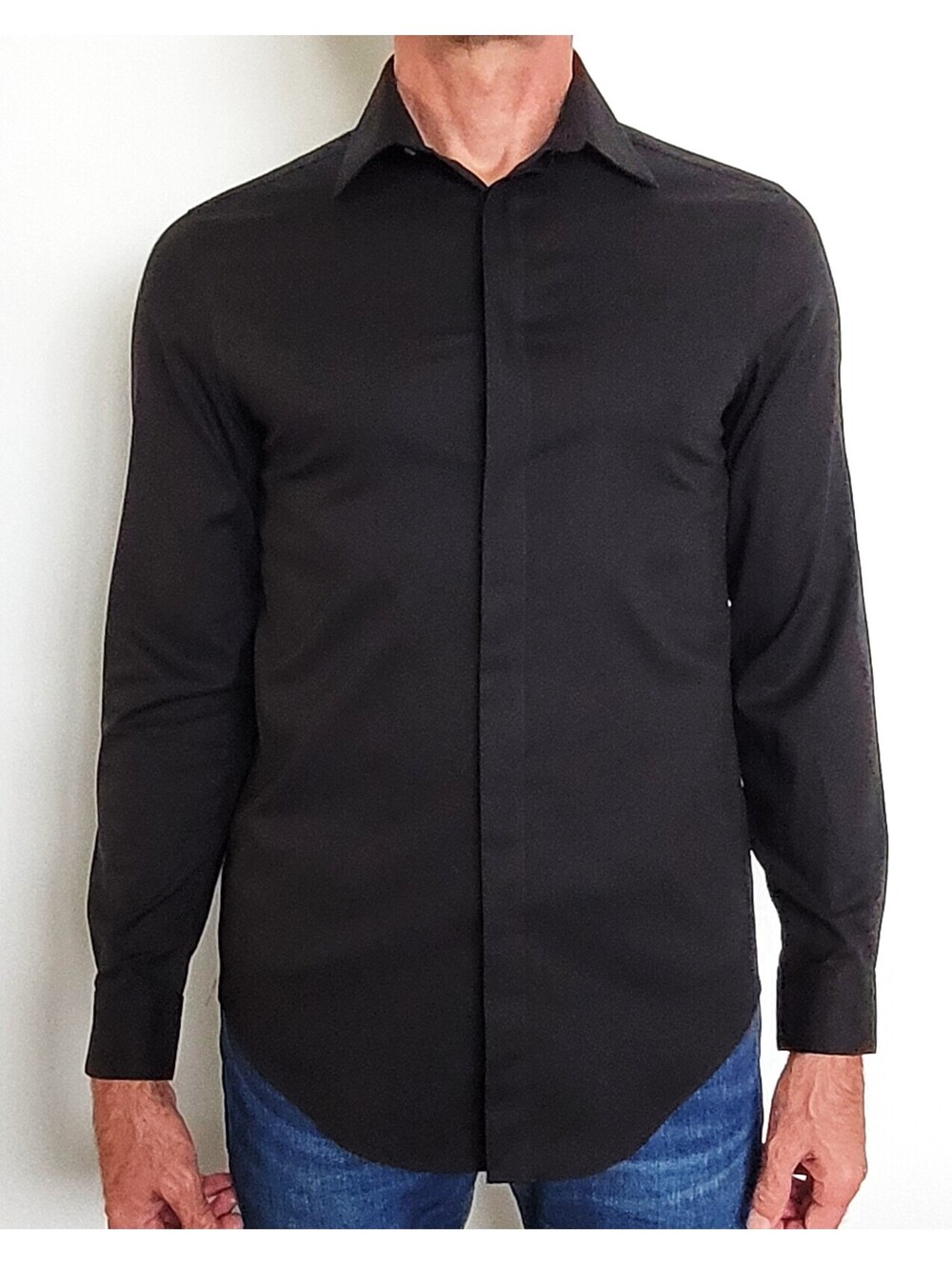 Calvin Klein Steel+ Men's Med 15 32/33 Black Slim Fit Dress Shirt Hidden Buttons